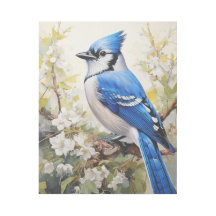 Jay bleu perché sur une branche avec des fleurs