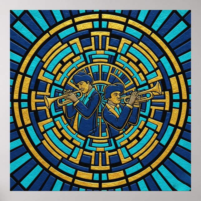 Jazz Trumpeters Poster Blue and Gold Stained Glass (Devant)