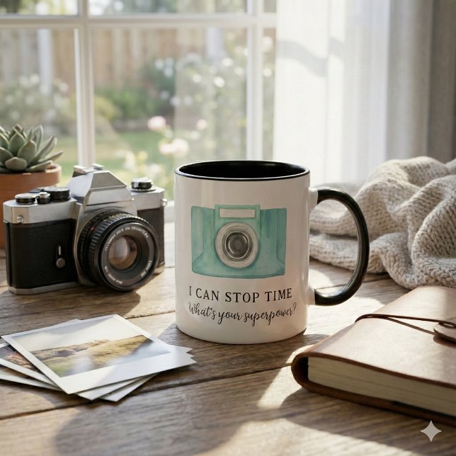 Je peux arrêter le temps Photographe Mug (This fun, "I can stop time, what's your superpower?" mug would make a great gift for a photographer!)