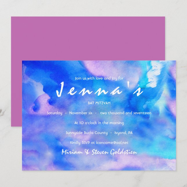 Je Suis BLUE WATERCOLOR Bat mitzvah Invitation (Devant / Derrière)