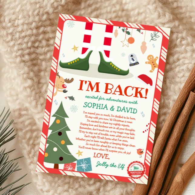 Je suis de retour Carte de lettre d'arrivée de l'e (I'm Back Christmas Elf Arrival Letter Card)