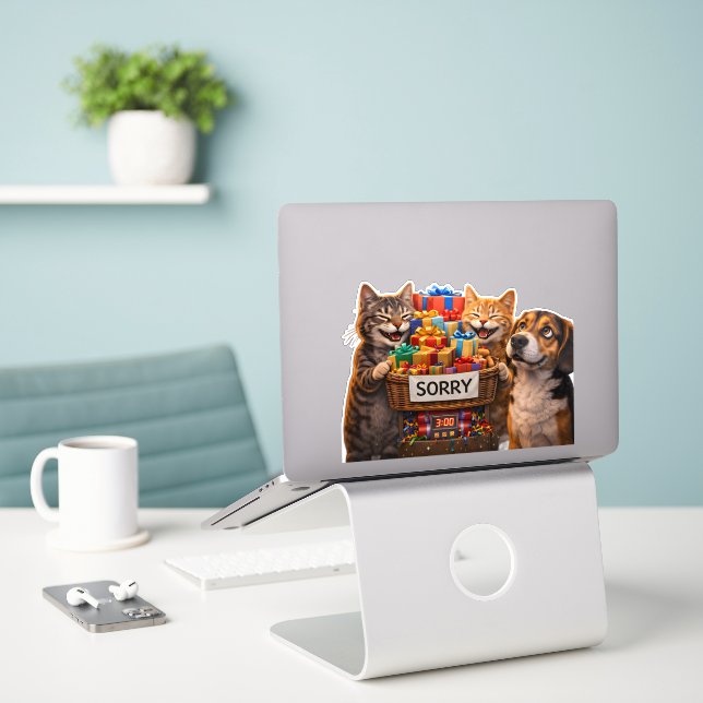 Je suis désolé, autocollant chat et chien mignon v (Ordinateur portable sur le bureau)