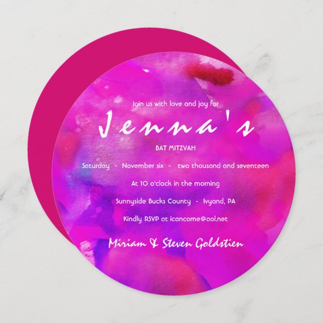 Je suis FUSHIA WATERCOLOR Bat mitzvah Invitation (Devant / Derrière)