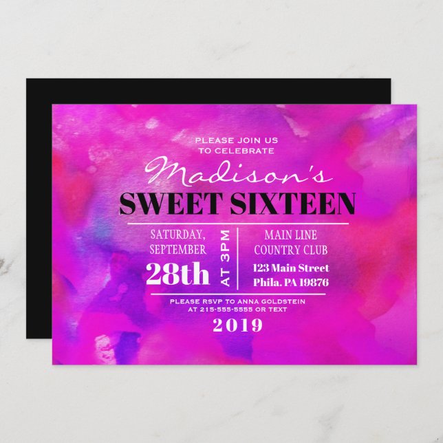 Je SUIS FUSHIA WATERCOLOR Sweet sixteen Invitation (Devant / Derrière)