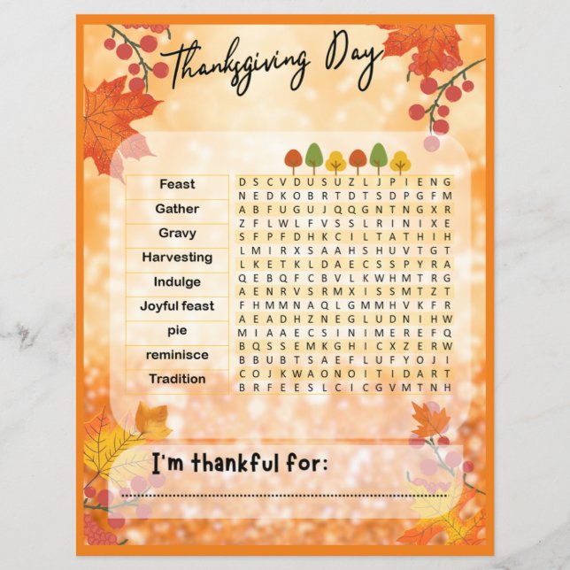 Je Suis Heureux Thanksgiving Day Word Search Jeu (Devant)