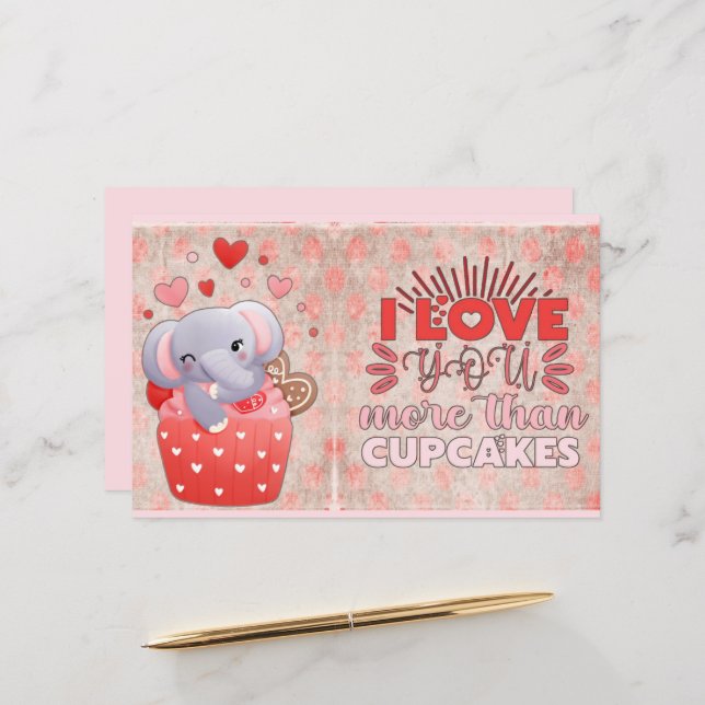 Je T'Aime Plus Que Des Cupcakes Elephant Valentine (Devant/Arrière en situation)