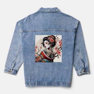 Jean Veste en denim Portrait de Geisha Art floral au