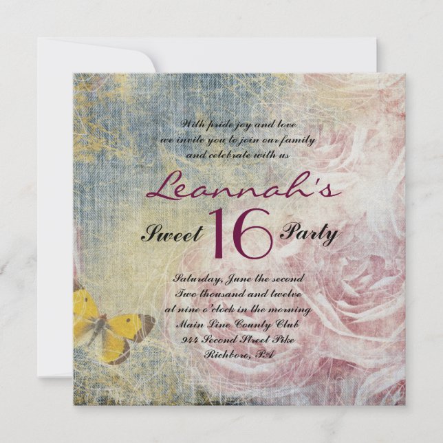 JEANS ROSES & BOUTTERFLIES Sweet 16 Invitation (Devant)