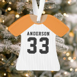Jersey de baseball orange et blanc personnalisé<br><div class="desc">Célébrez votre étoile de baseball avec cet ornement de maillot à rayures orange et blanc personnalisé. Parfait pour commémorer une saison spéciale,  un joueur ou une équipe. Customisez-le avec un nom et un numéro pour créer une conservation unique.</div>