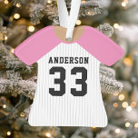 Jersey de baseball rose personnalisé<br><div class="desc">Célébrez votre étoile de baseball avec cet ornement de maillot rose et blanc à rayures personnalisées. Parfait pour commémorer une saison spéciale,  un joueur ou une équipe. Customisez-le avec un nom et un numéro pour créer une conservation unique.</div>