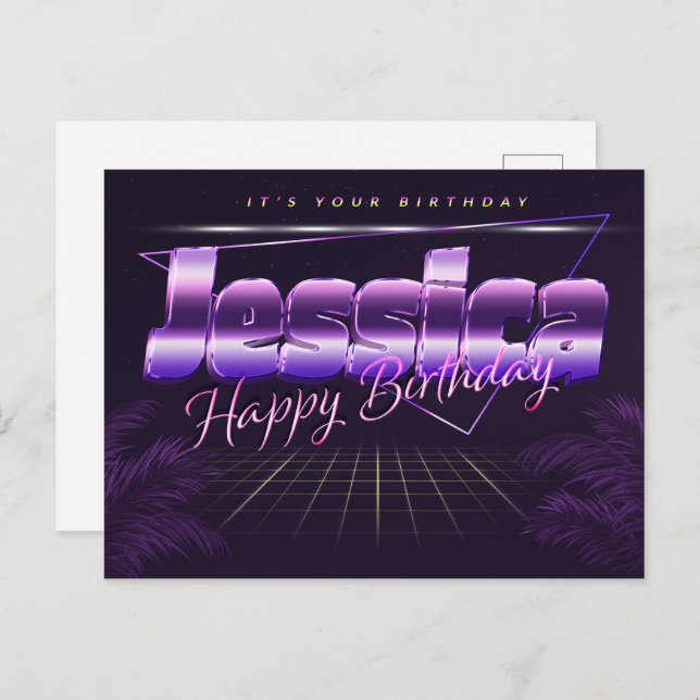 Jessica prénom carte postale violet anniversaire (Devant / Derrière)