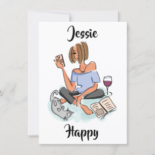 Jessie heureuse avec téléphone, vin et carte de ch