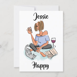 Jessie heureuse avec téléphone, vin et carte de ch