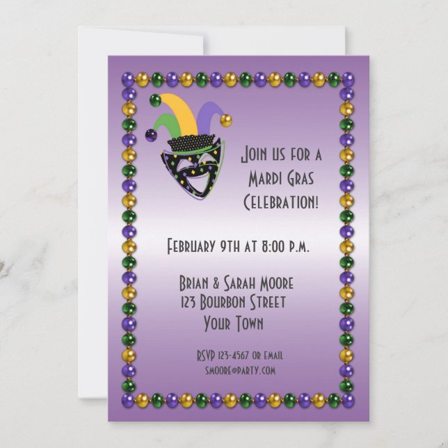 Jester, Beads, Mardi Gras Party Invitation (Devant)