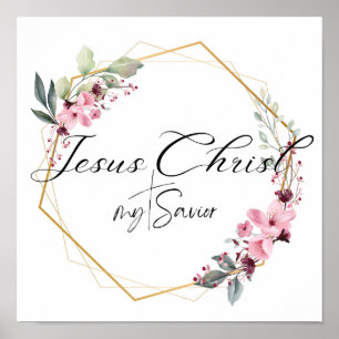 Jésus Christ mon Sauveur Floral Gold Frame Affiche