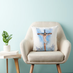 Jésus en croix avec les oiseaux Coussin