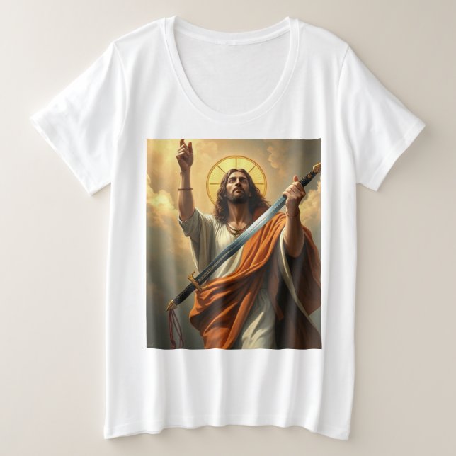 Jésus revient avec une épée Femmes Plus Taille Tee (Design devant)