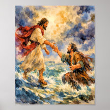 Jésus sauvant Pierre Affiche d'art chrétien