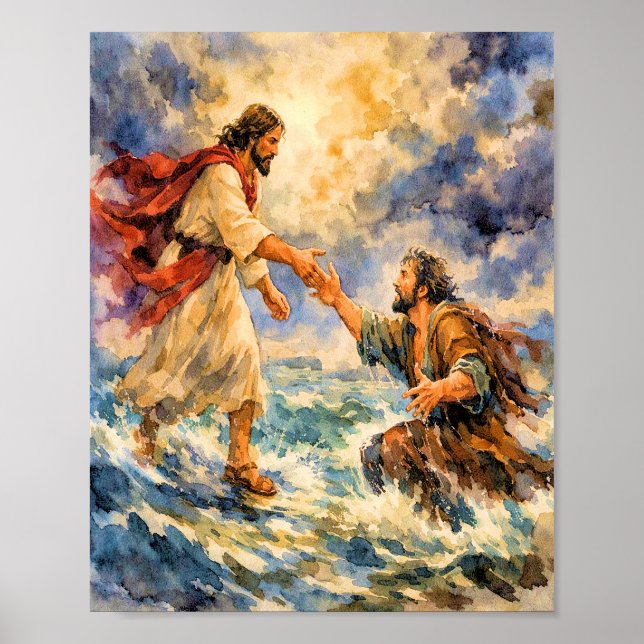 Jésus sauvant Pierre Affiche d'art chrétien (Devant)