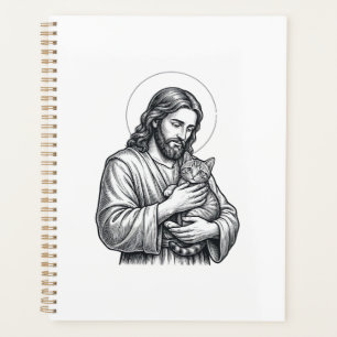Jésus vintage tenant un chat gravure graphique_1