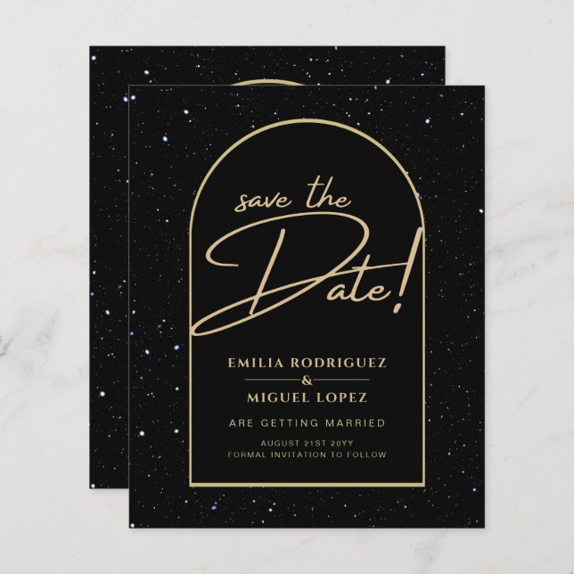 JET BLACK OR étoile Mariage de nuit SAVE DATE (Devant / Derrière)