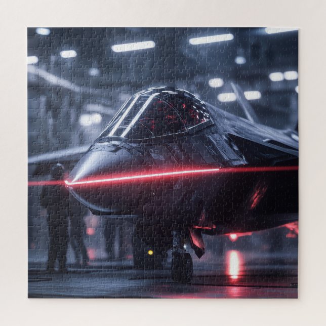 Jet furtif dans Rainy Hangar - Puzzle Sci-Fi (Vertical)