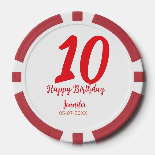 Jetons De Poker 10e anniversaire ajouter nom date année rouge modè (Recto)