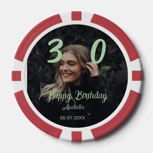 Jetons De Poker 30e anniversaire ajouter nom date année vert paste (Recto)