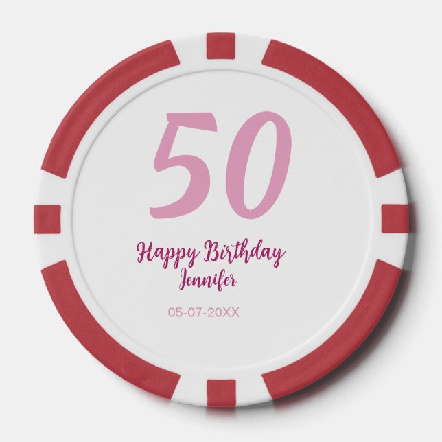 Jetons De Poker 50e anniversaire ajouter nom date année rose rouge (Recto)
