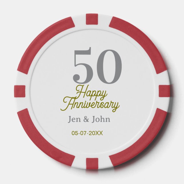 Jetons De Poker 50e anniversaire de bonheur nom date argent or dat (Recto)