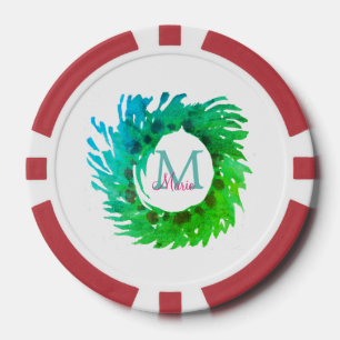 Jetons De Poker Ajouter une couronne de Noël vert rose monogramme