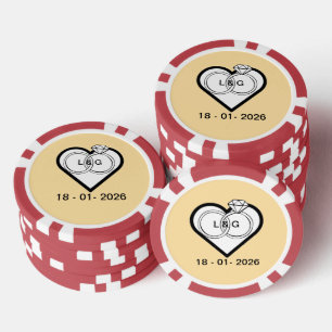 Jetons De Poker Anneaux de mariage dans un cœur avec date et initi