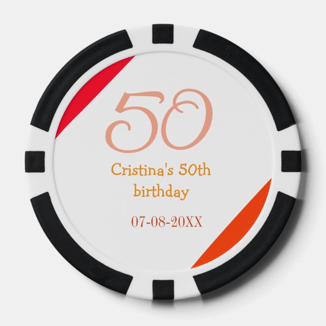 Jetons De Poker Anniversaire 50 ans orange rouge ajouter nom date  (Recto)