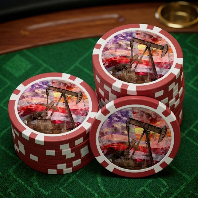 Jetons De Poker Art aquarelle du coucher de soleil pompe patriotiq (Patriotic Pumpjack Watercolor Sunset Art. Poker Chips)