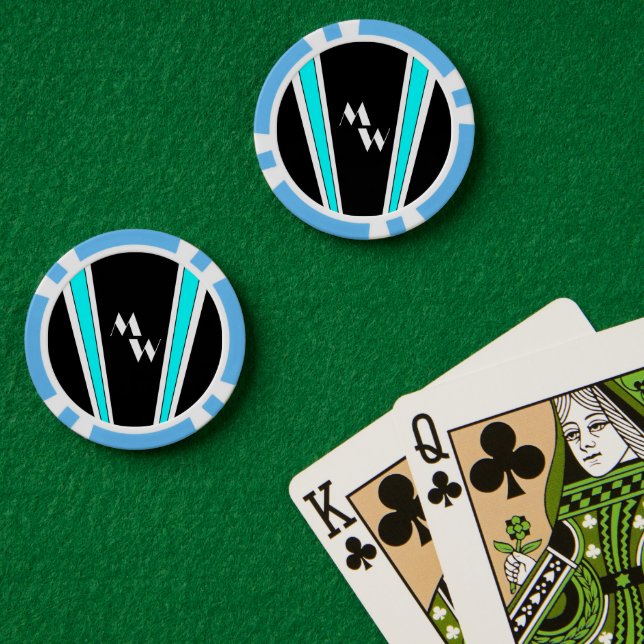 Jetons De Poker Art Déco Noir Et Bleu Monogramme (Table de poker (double))