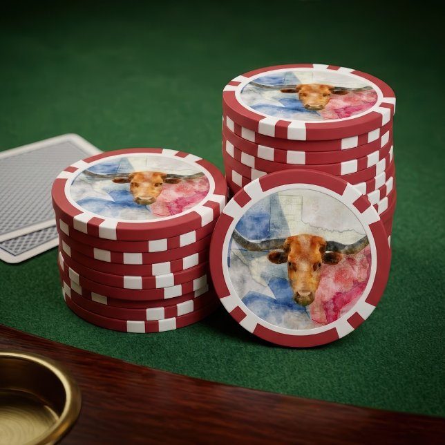 Jetons De Poker Art d'impression à l'aquarelle représentant une va (Texas Longhorn Cow and Flag Watercolor Print Art. Poker Chips)