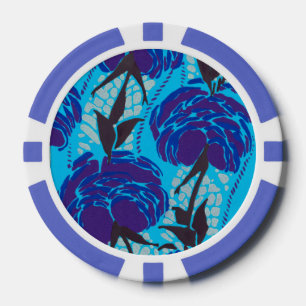 Jetons De Poker Art floral bleu et vert maximaliste vibrant
