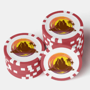 Jetons De Poker Badge avec paysage volcanique tropical et palmiers