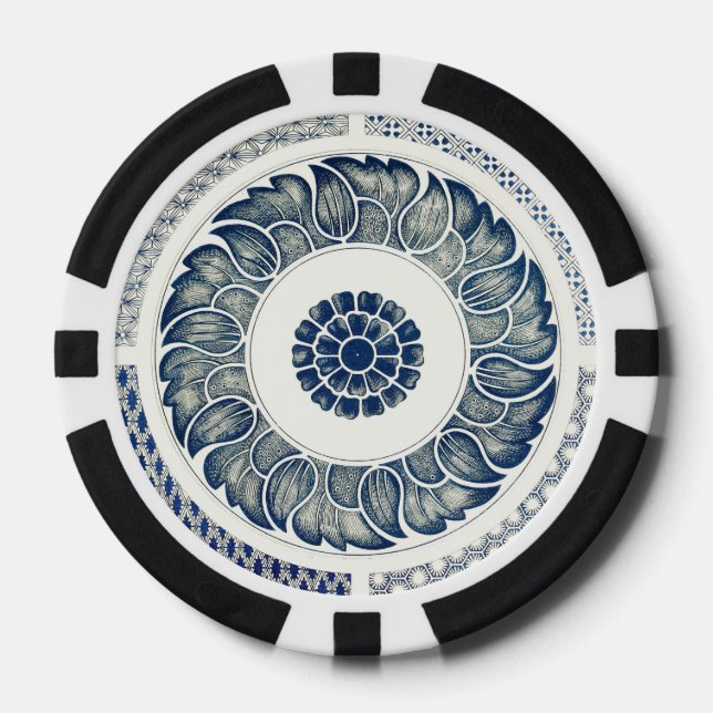 Jetons De Poker Blanc bleu Floral chinois rond (Recto)
