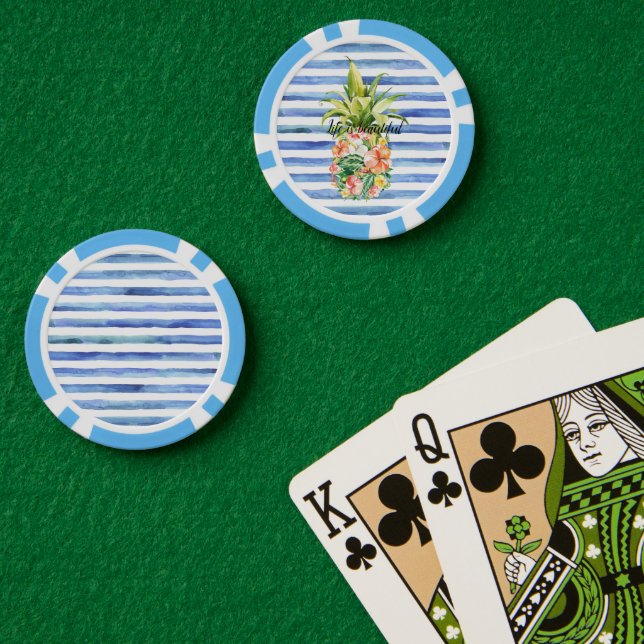 Jetons De Poker Blue White Stripes Tropical Floral Pineapple (Table de poker (double))