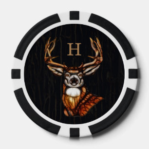 Jetons De Poker Bois Noir Cerf en Bois Monogramme Campagne Rustiqu