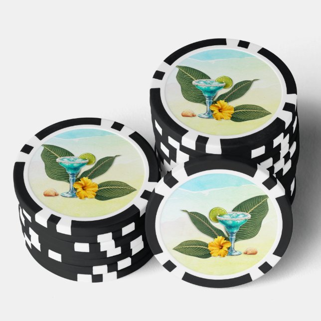 Jetons De Poker Boisson Bleue Tropicale Hibiscus et Feuilles (Empiler)
