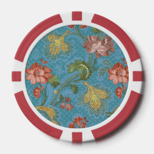 Jetons De Poker Broderie dorée à motif floral en damas bleu antiqu