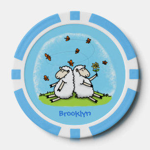 Jetons De Poker Caricature de moutons mignons amis et papillons