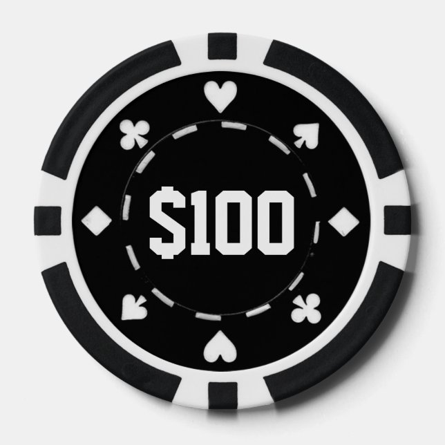 Jetons De Poker Casino, $100, Chips de Poker, Noir/Blanc (Recto)