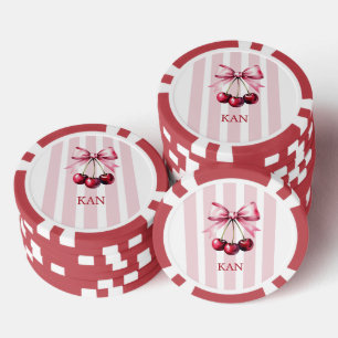 Jetons De Poker Cerises à ruban rose monogramme esthétique Coquett