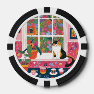 Jetons De Poker Chat calicot sur appui de fenêtre Pop Art