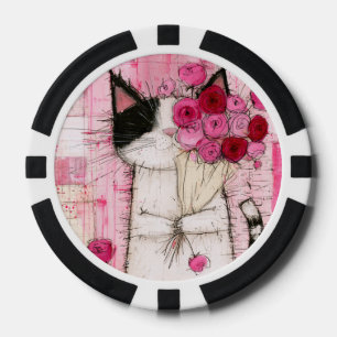 Jetons De Poker Chat en smoking tenant un bouquet de roses roses