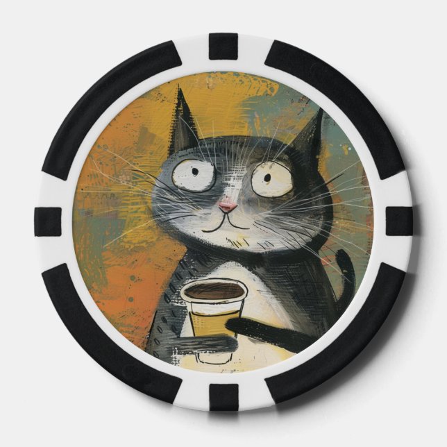 Jetons De Poker Chat gris avec du café sur fond ocre (Recto)