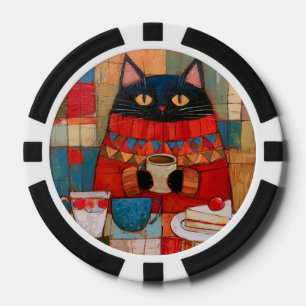 Jetons De Poker Chat noir confortable buvant du café au café
